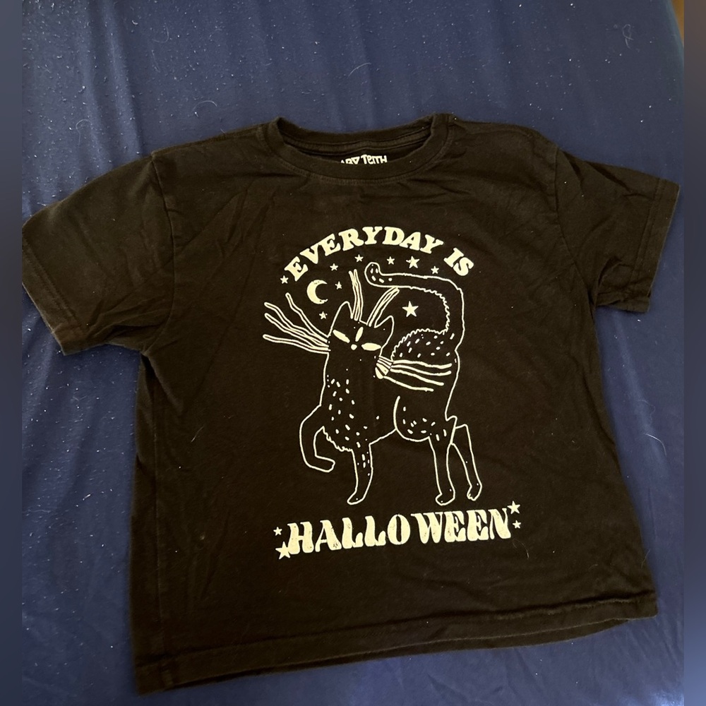Baby Teith Kids Black T-Shirt Everyday Is Halloween with Cat